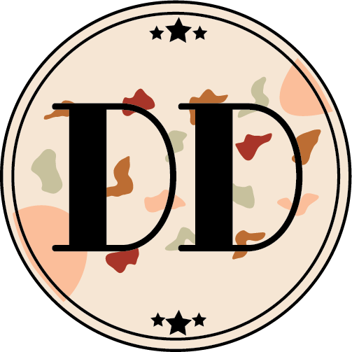 Digital Dopamine Logo, two letter D's on a spotted cream background, with a black circle around them.