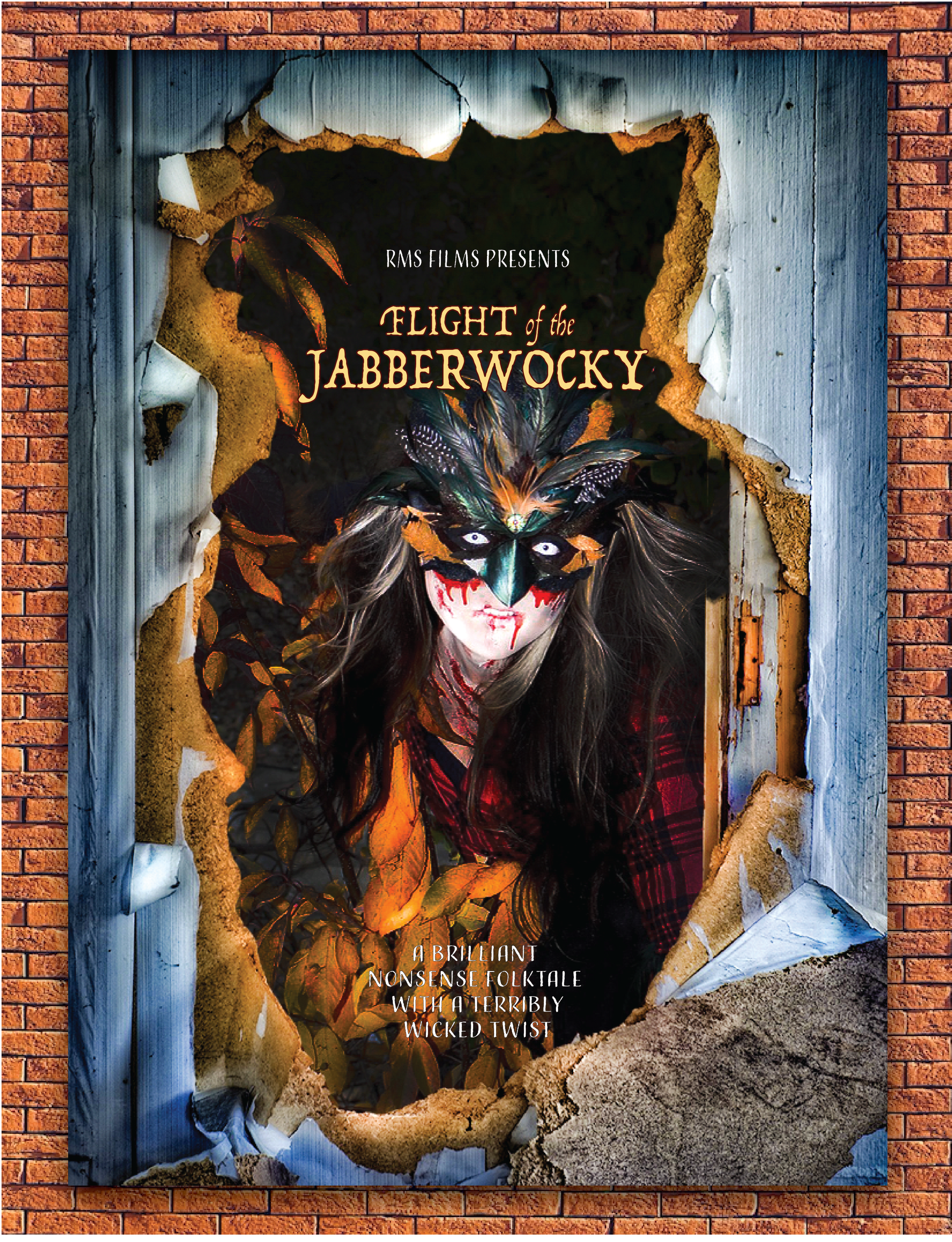 a poster depicting a bird-woman crawling out of a bush and through an old, abandoned doorway. The bird-woman is evil and covered in bloody scratches